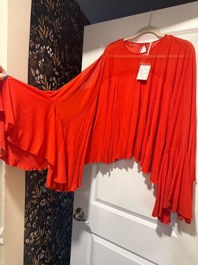 Free People Vibrant Red Pleated Flowing Blouse